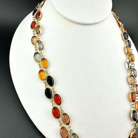 Multi color Gold Tone Bevel set Glass Crystal Station Necklace - Picture 1 of 6
